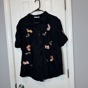 Sarah Spencer Black Linen Top Women's‎ 2x/3xEmbroidered Artsy Goldfish Colorful